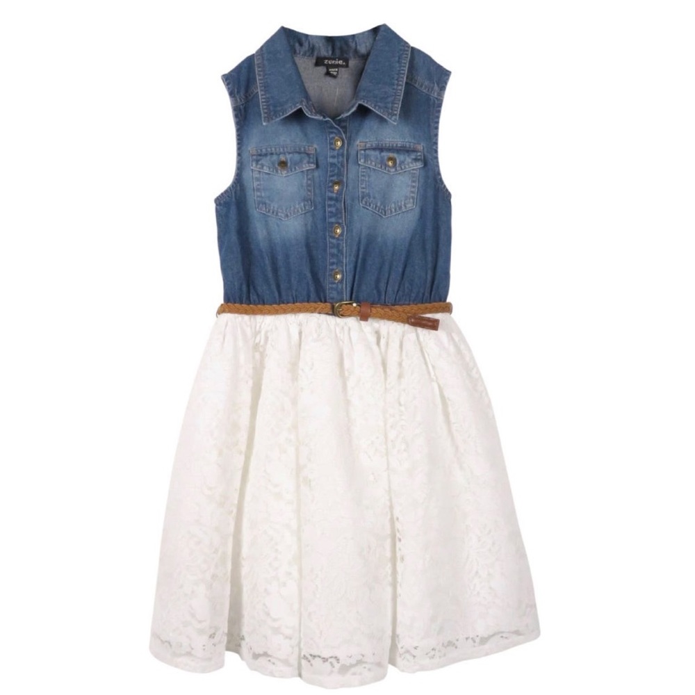 ZUNIE jean top dress with ruffle lace bottom with belt on waist NWT
